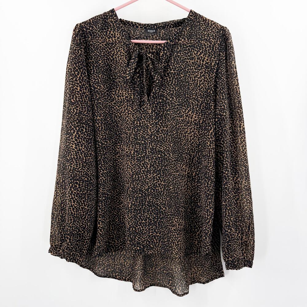 Emme Marella Blouse Women's Size XL Leopard Long Sleeve Semi Sheer Tie Front